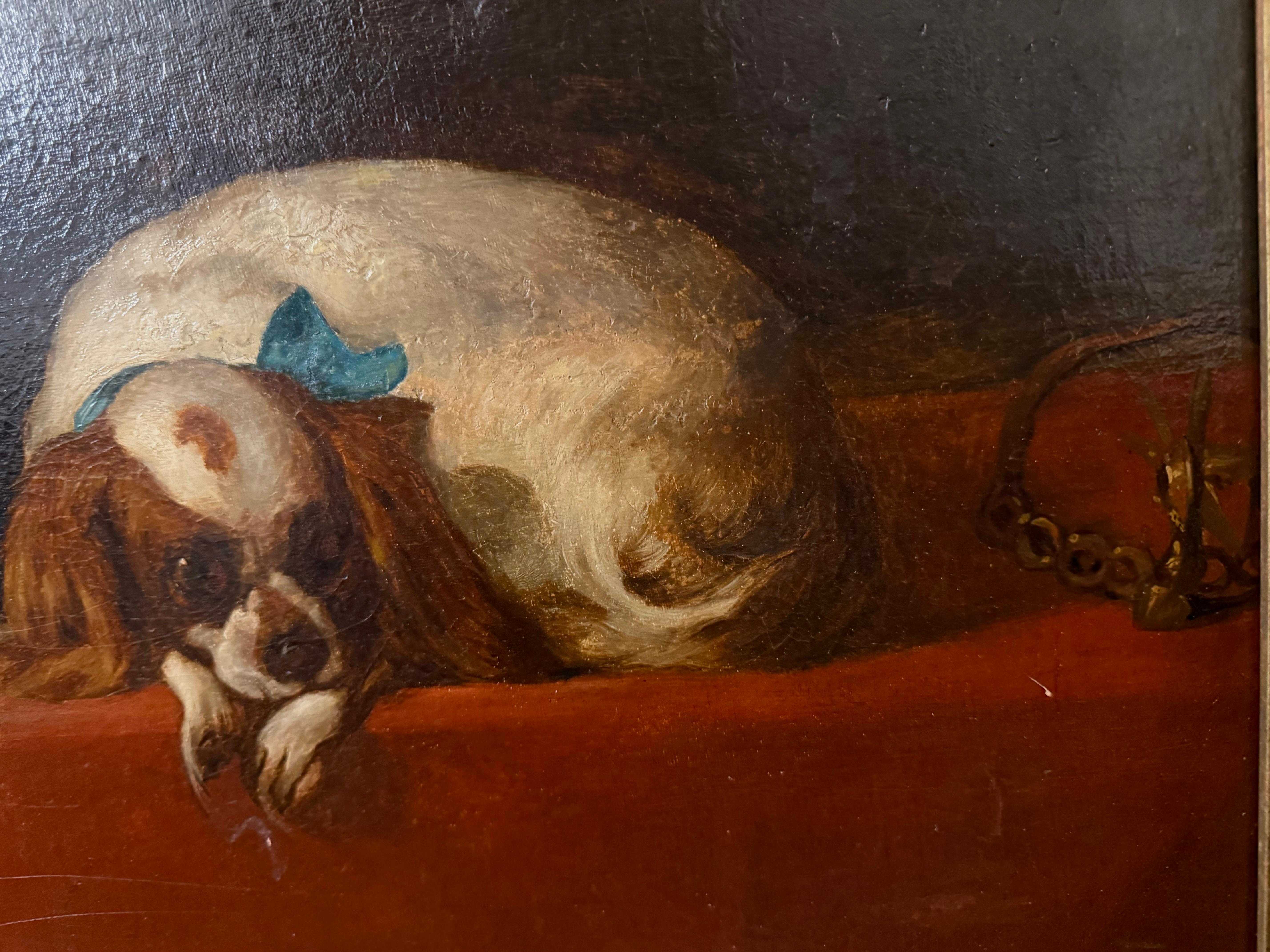  'The Cavalier's Pets' by Sir Edwin Henry Landseer was exhibited in 1845, and is now in the collection of the Tate Museum of Art n London.  This is a fine oil painting copy of the famous Landseer painting. The Spaniels are an early breed of the King