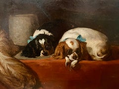 Peinture à l'huile du 19e siècle 'Cavalier's Pets' (Les animaux de compagnie de Cavalier)