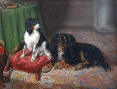 English 19th century portrait of two spaniel dogs in an interior