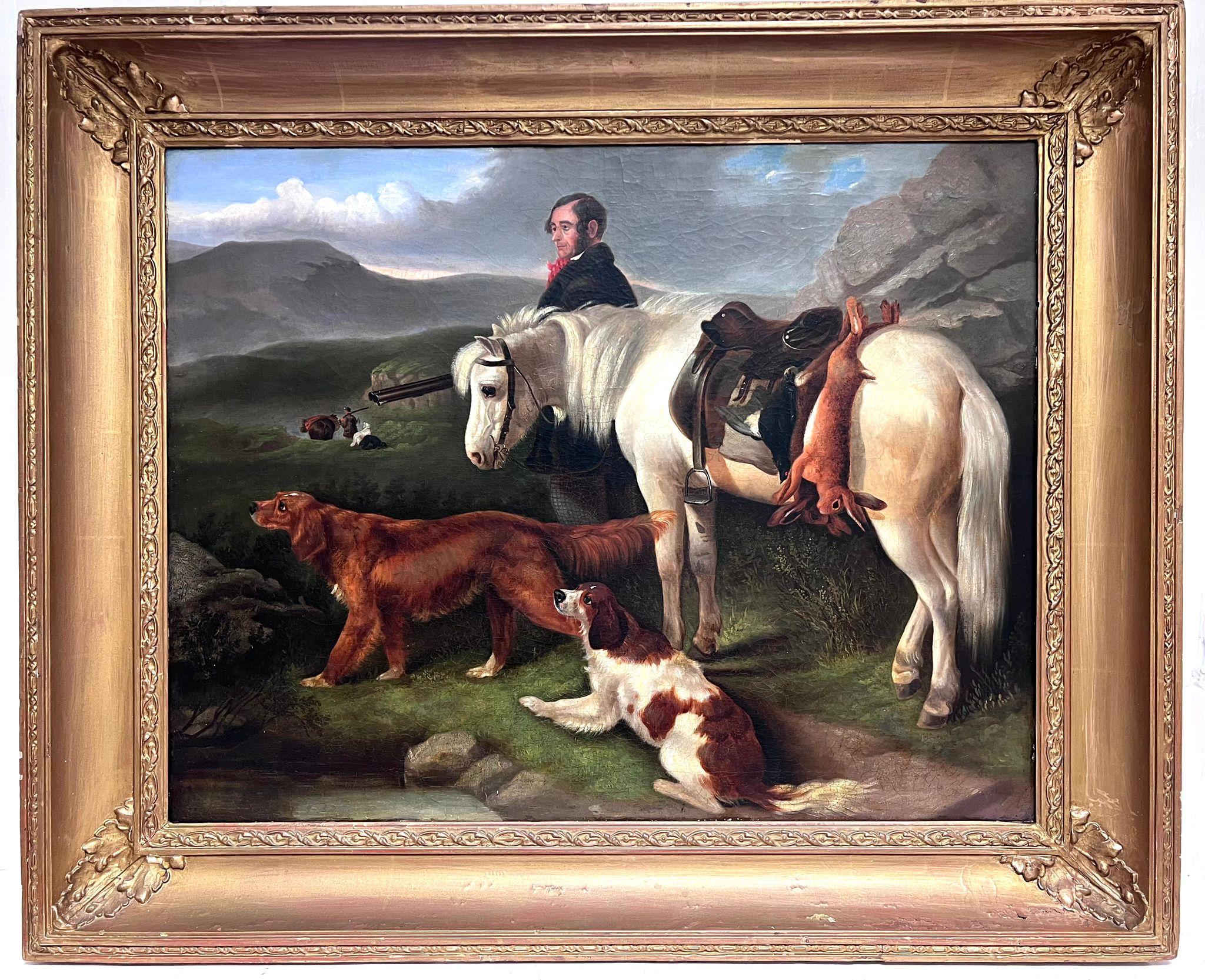 Enorme Pintura al Óleo Victoriana de Arte Deportivo Escocés Cazador, Poni y Perros Setter - Painting de Sir Edwin Henry Landseer