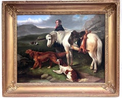 Enorme dipinto ad olio di arte sportiva scozzese vittoriana Cacciatore, pony e cani setter