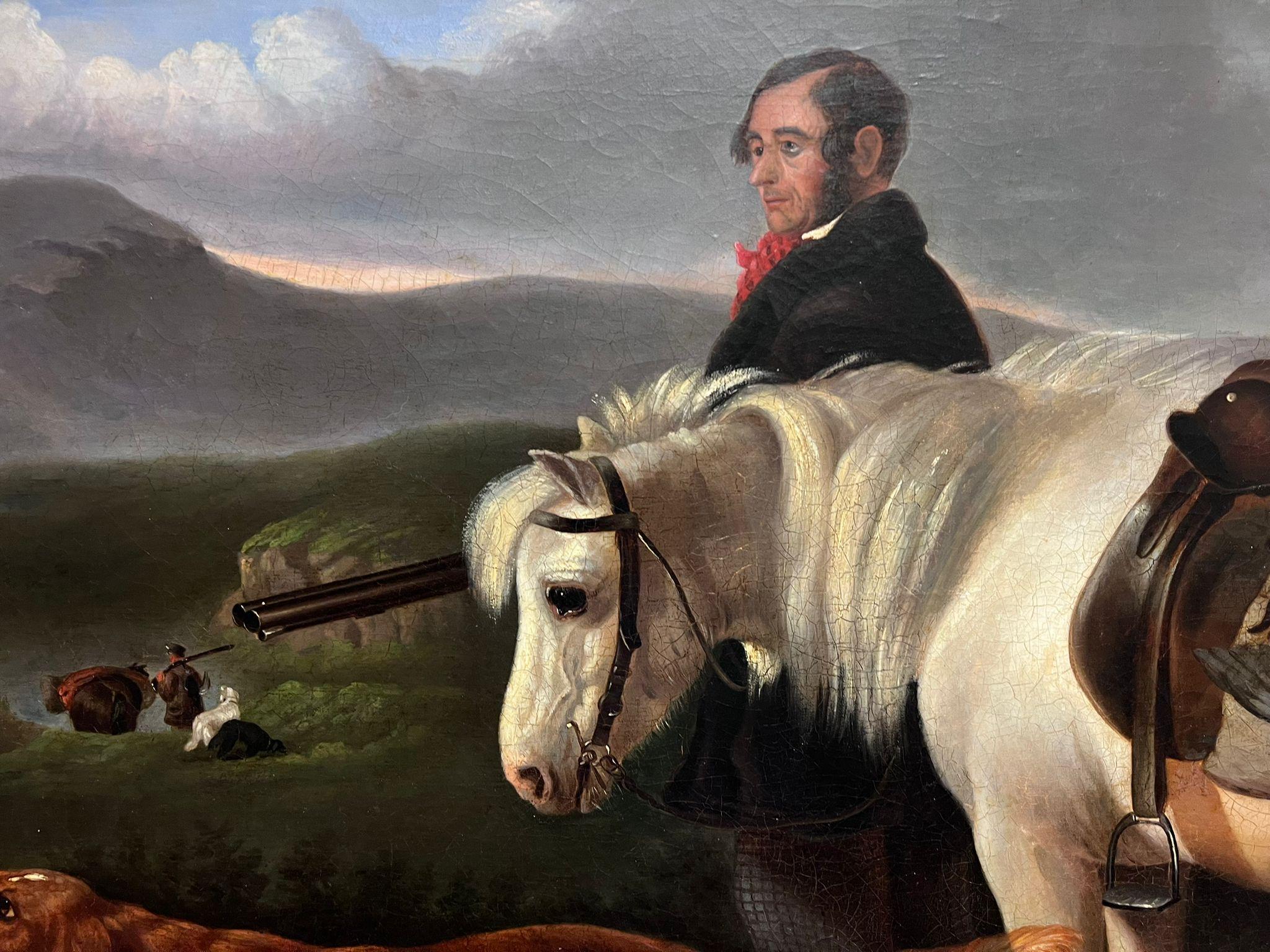 Enorme Pintura al Óleo Victoriana de Arte Deportivo Escocés Cazador, Poni y Perros Setter - Painting Victoriano de Sir Edwin Henry Landseer