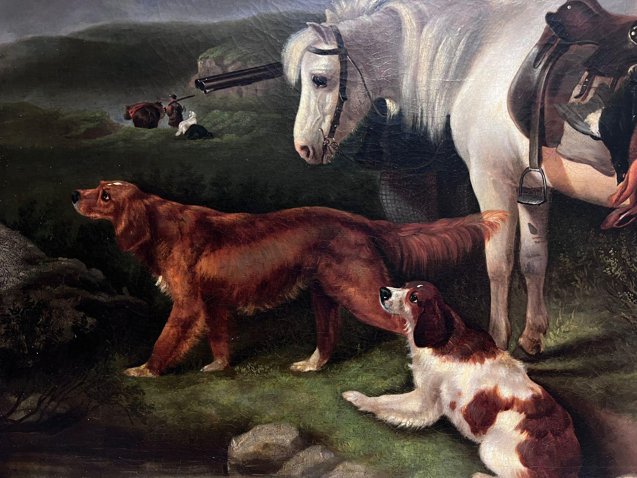 El Cazador de las Tierras Altas
Poni de las Highlands, cazador con dos perros de caza (¿setters rojos?) y caza muerta en un paisaje escocés
Escuela Británica, hacia 1860
Círculo de Sir Edwin Henry Landseer (británico, 1802-1873) 
óleo sobre lienzo: