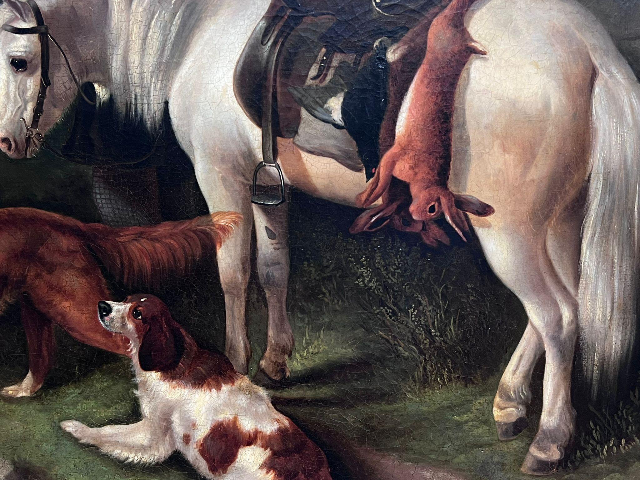 Enorme Pintura al Óleo Victoriana de Arte Deportivo Escocés Cazador, Poni y Perros Setter 1