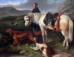 Huge Victorian Scottish Sporting Art Oil Painting Huntsman, Pony & Setter Dogs