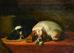 Peinture à l'huile sur toile ancienne du roi Charles Cavalier Spaniels, Angleterre
