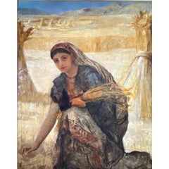 Grande peinture à l'huile ancienne du 19ème siècle pour Ruth Gathering Wheat