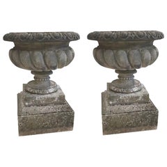 Sir Edwin Lutyens Pair Xl Stone Urns on Pedestals, England, circa 1900
