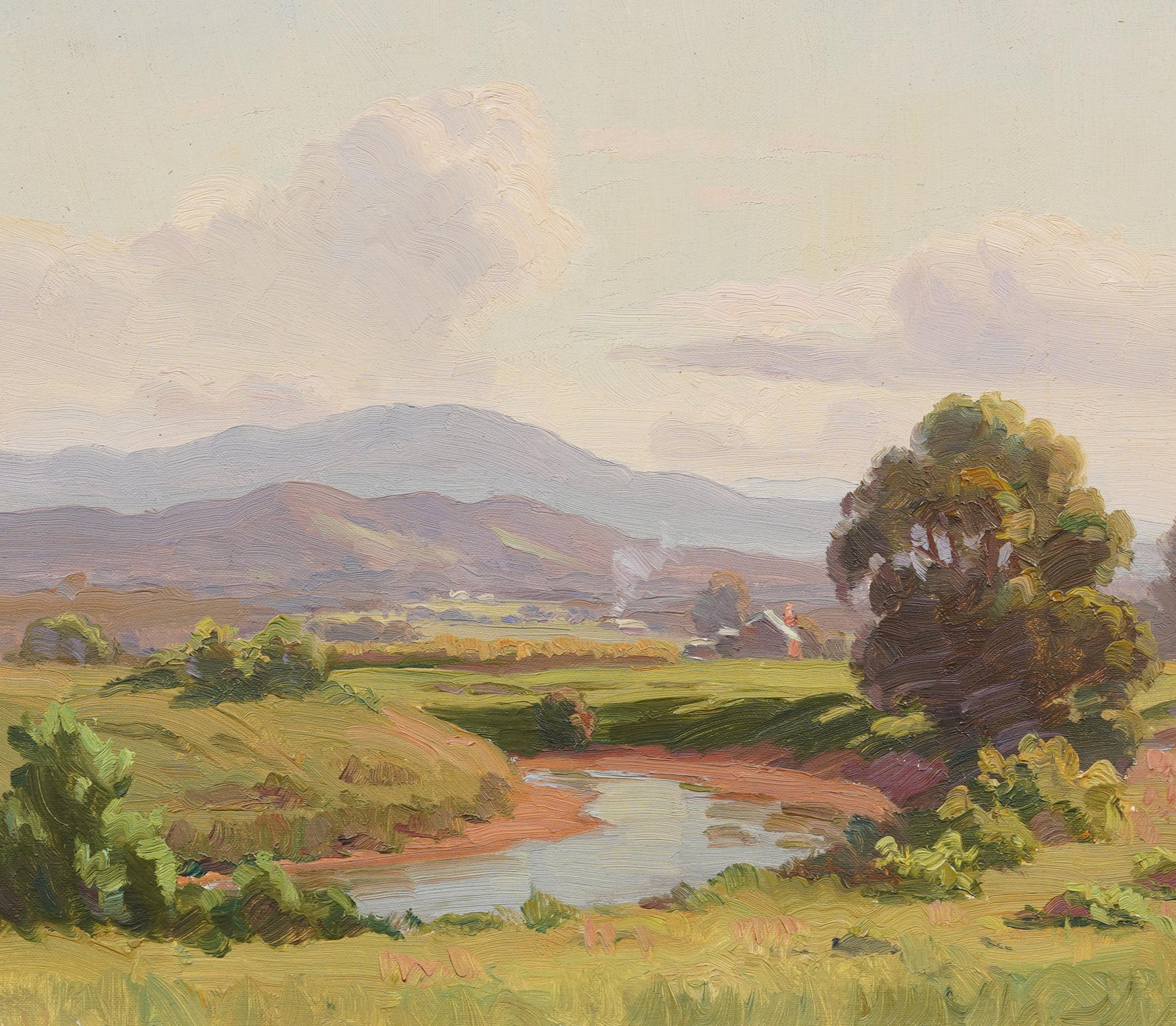 Antiguo cuadro al óleo firmado y enmarcado Paisaje impresionista australiano de Victoria - Landscape Painting Marrón de Sir Erik Langker