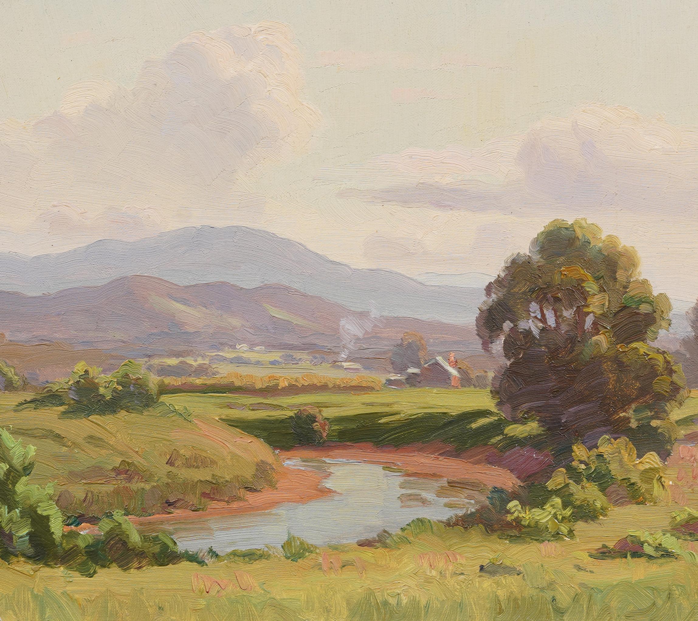 Bonito paisaje impresionista de Australia pintado por Sir Erik Langker (1898 - 1982).  Óleo sobre tabla.  Enmarcado.  Firmado en el reverso.  
