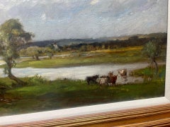 Paesaggio impressionista del XIX secolo con fiume e bestiame al pascolo