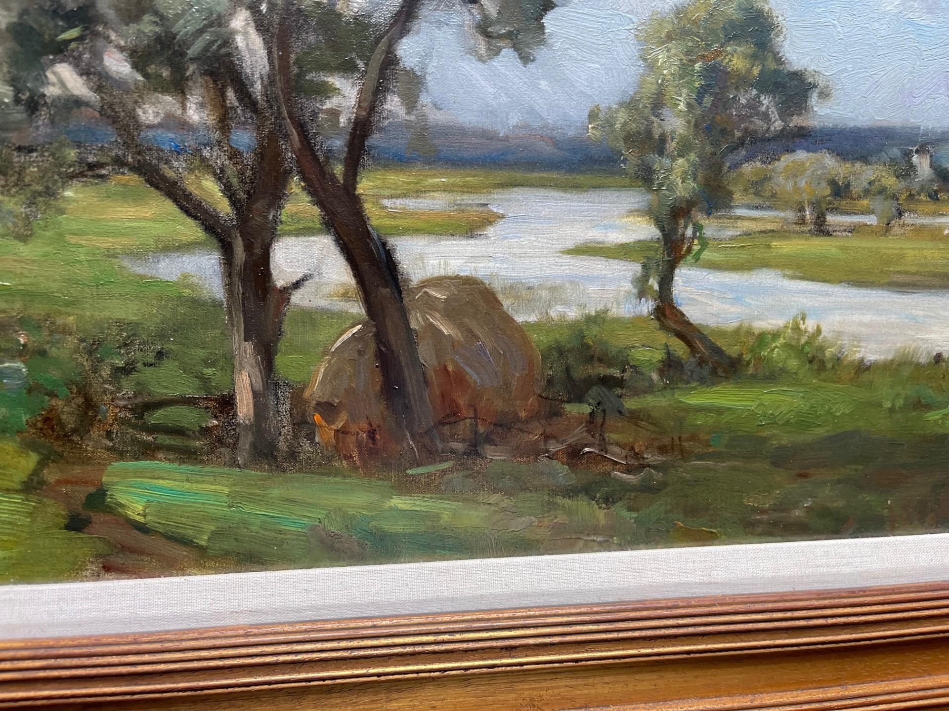 Nineteenth Century Impressionist Oil Painting of River Severn Landscape with Cattle watering and green Fields on a Summers Day.  Signed Oil on Canvas on Stretchers and Framed in a Whistler style handmade gold Frame by Sir Ernest Albert Waterlow RA