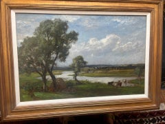 Nineteenth Century Impressionist Landscape of River with Cattle grazing in Field