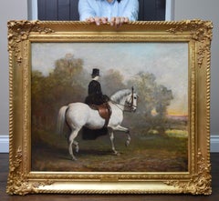 Antique Elegant Lady on a White Horse - 19th Century Equestrian Oil Painting Portrait 
