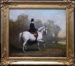 Elegant Lady on a White Horse - 19th Century Equestrian Oil Painting Portrait