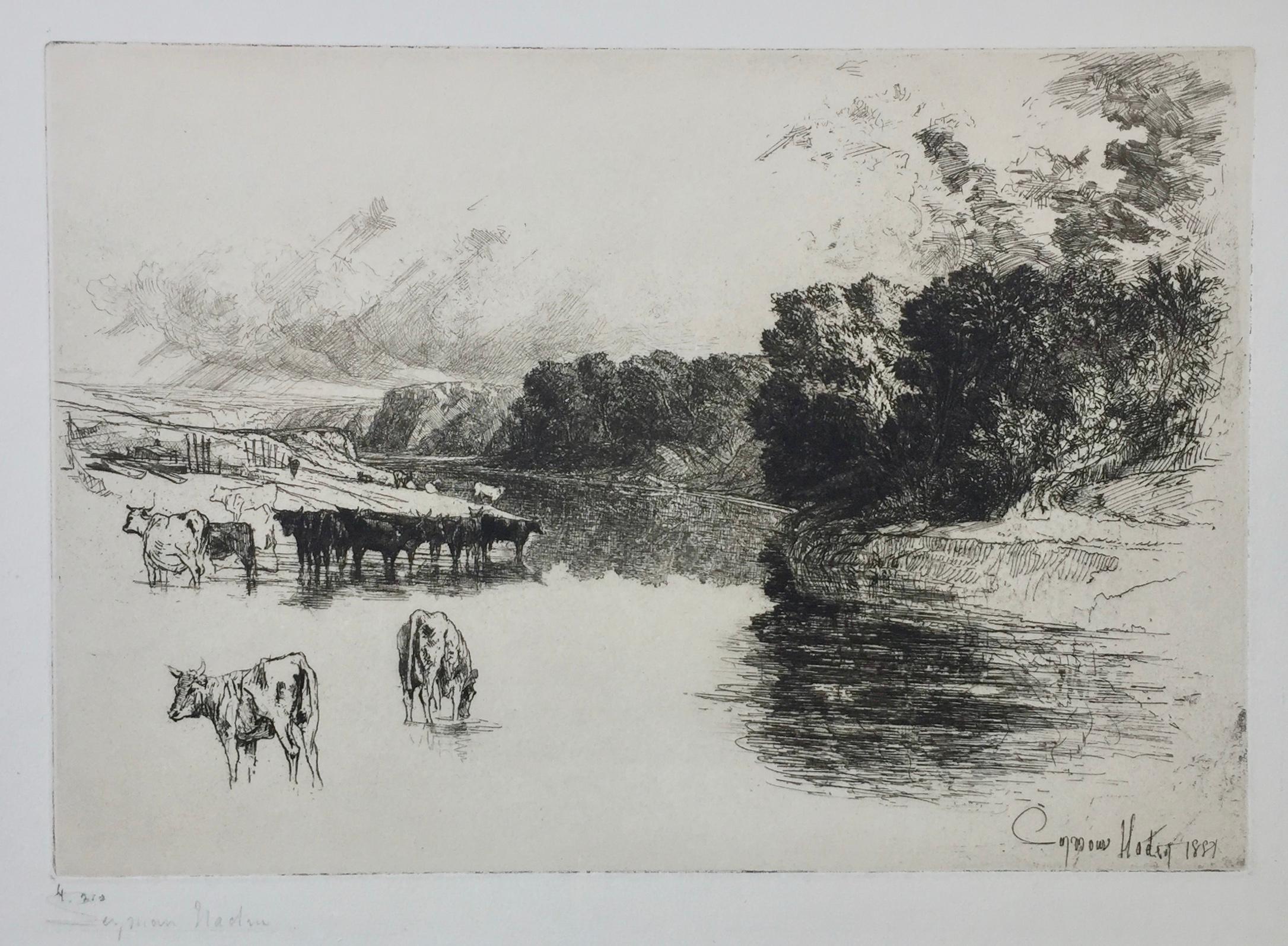 Sir Francis Seymour Haden, R.A. Landscape Print - A LANCASHIRE RIVER, 