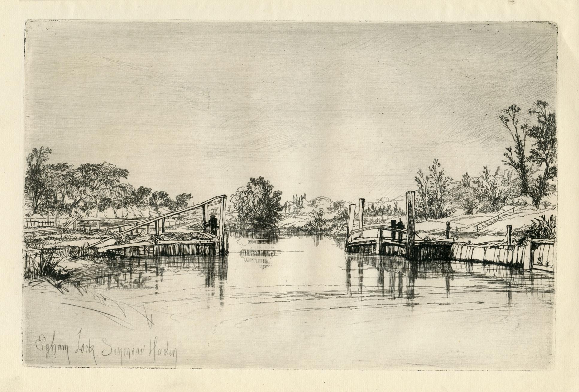 "Egham Lock" original etching - Print by Sir Francis Seymour Haden, R.A.