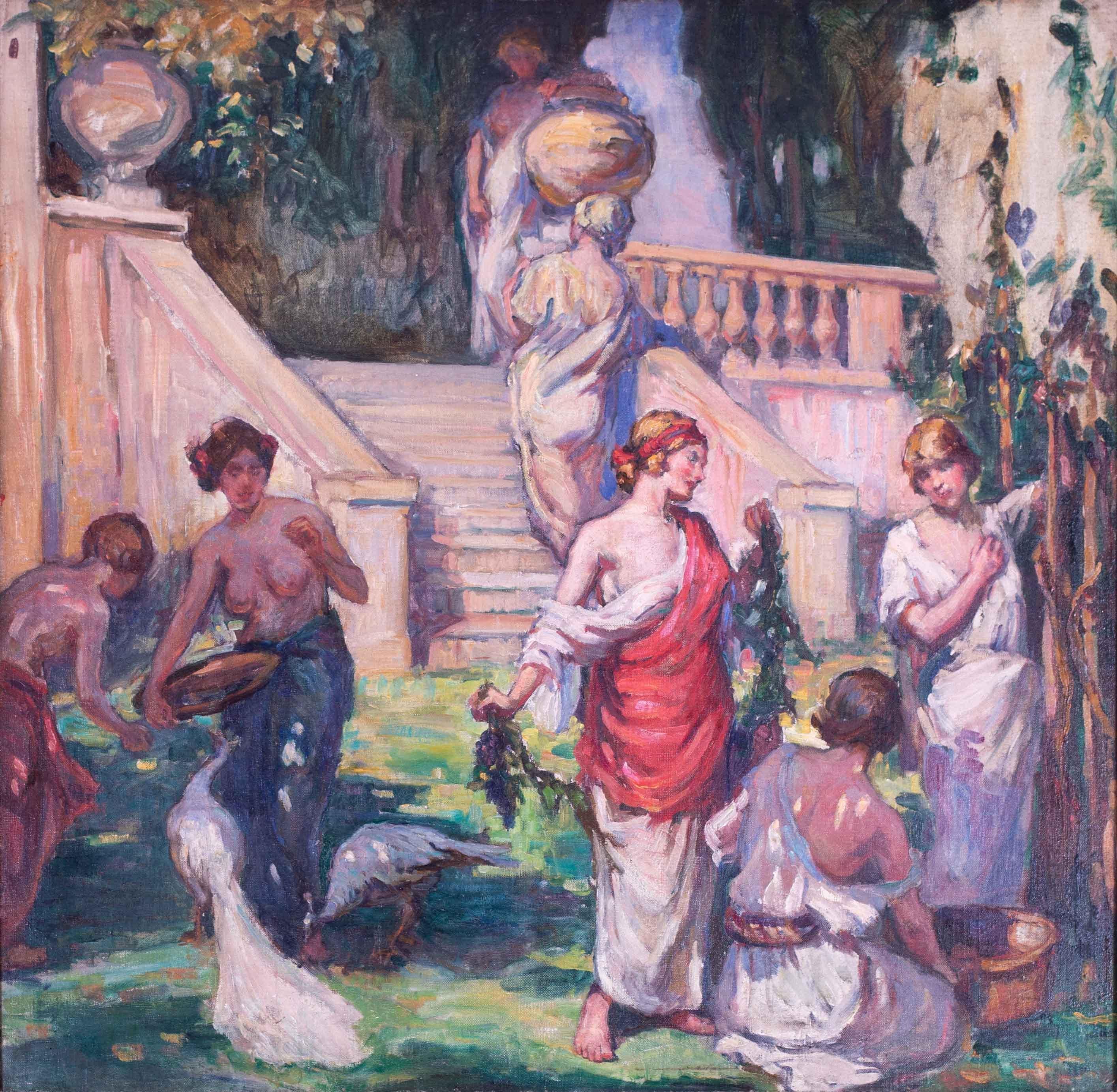Britannique, début du 20e siècle Peinture à l'huile représentant des dames dans un jardin - Painting de Sir Frank Brangwyn