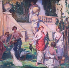 British, early 20th Century oil painting of ladies in a garden