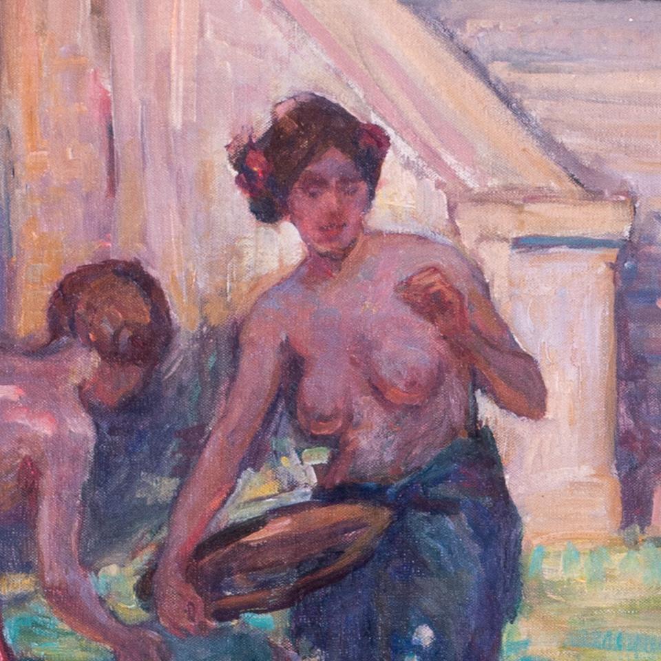 Britannique, début du 20e siècle Peinture à l'huile représentant des dames dans un jardin - Marron Nude Painting par Sir Frank Brangwyn