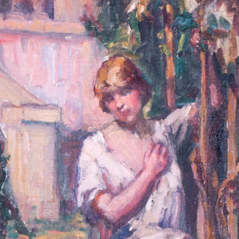 Attr Frank Brangwyn (britannique, 1867 - 1956)
Une allégorie de l'été
Huile sur toile
32.1/4 x 32 in. (82 x 81.5 cm.)
Cette toile richement travaillée, An Allegory of Summer, représente des personnages élégants dans un jardin verdoyant, évoquant les