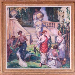 Britannique, début du 20e siècle Peinture à l'huile représentant des dames dans un jardin