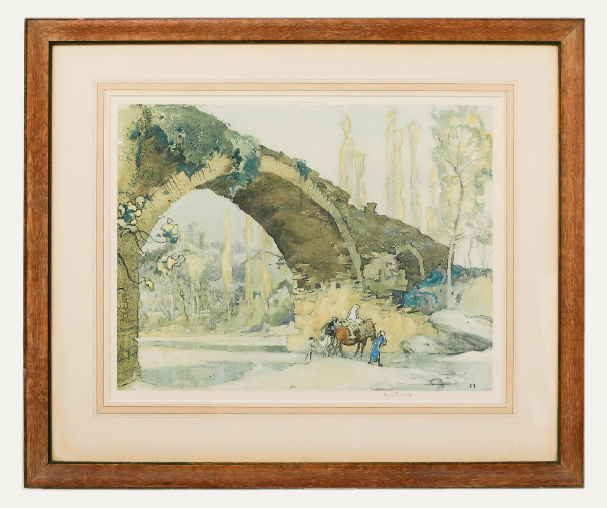 Sir Frank Brangwyn (1867-1956), Litografía coloreada sobre papel. Monograma impreso en la esquina inferior derecha. Firmado a lápiz. Presentado en una montura washline y marco de madera. Fijado con una etiqueta de la Galería Mucklows en el reverso. 