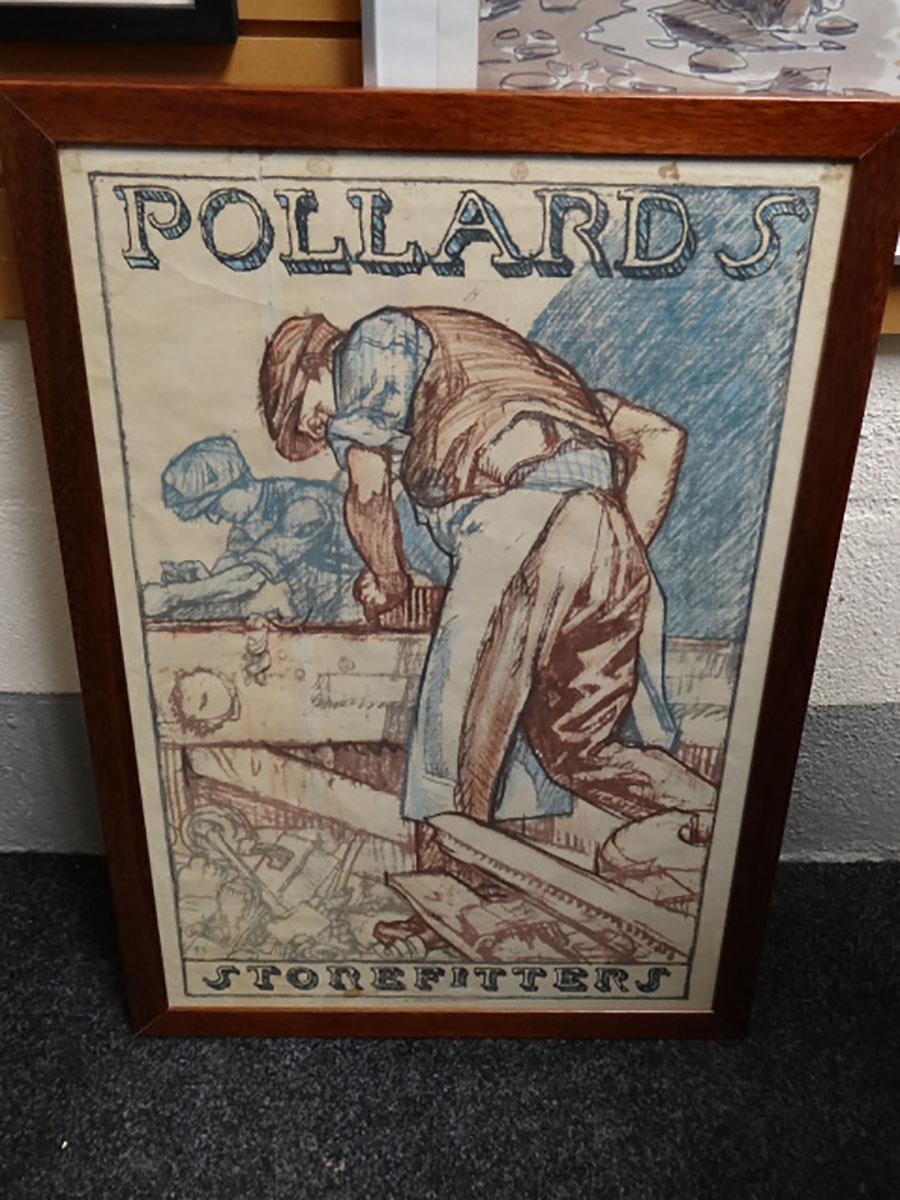 Sir Frank Brangwyn. Designed for Pollards store fitters. An original framed advertising print.
A rare poster for E. Pollard and Co Ltd.
Advertising 'Pollards Store Fitters'
Designed by Sir Frank William Brangwyn (1867-1956). Signed FB in the