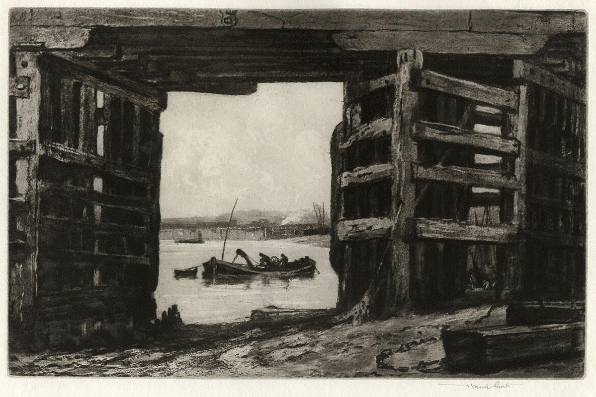 A Span of Old Battersea Bridge (an English landmark and a  favorite of Whistler) - Black Figurative Print by Sir Frank Short