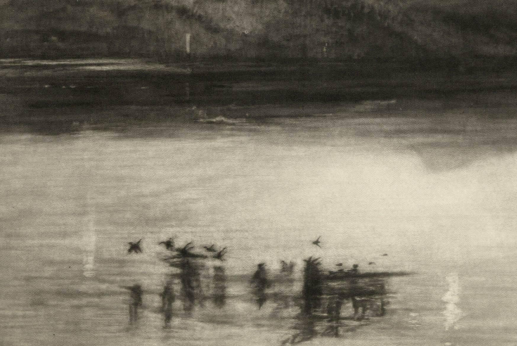 Mount Rigi at Dawn (The Alps in Central Switzerland. Boat and flock of birds) - Modern Print by Sir Frank Short
