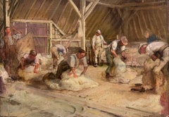 Antique British Impressionist Oil Painting Sheep Shearing in the Barn