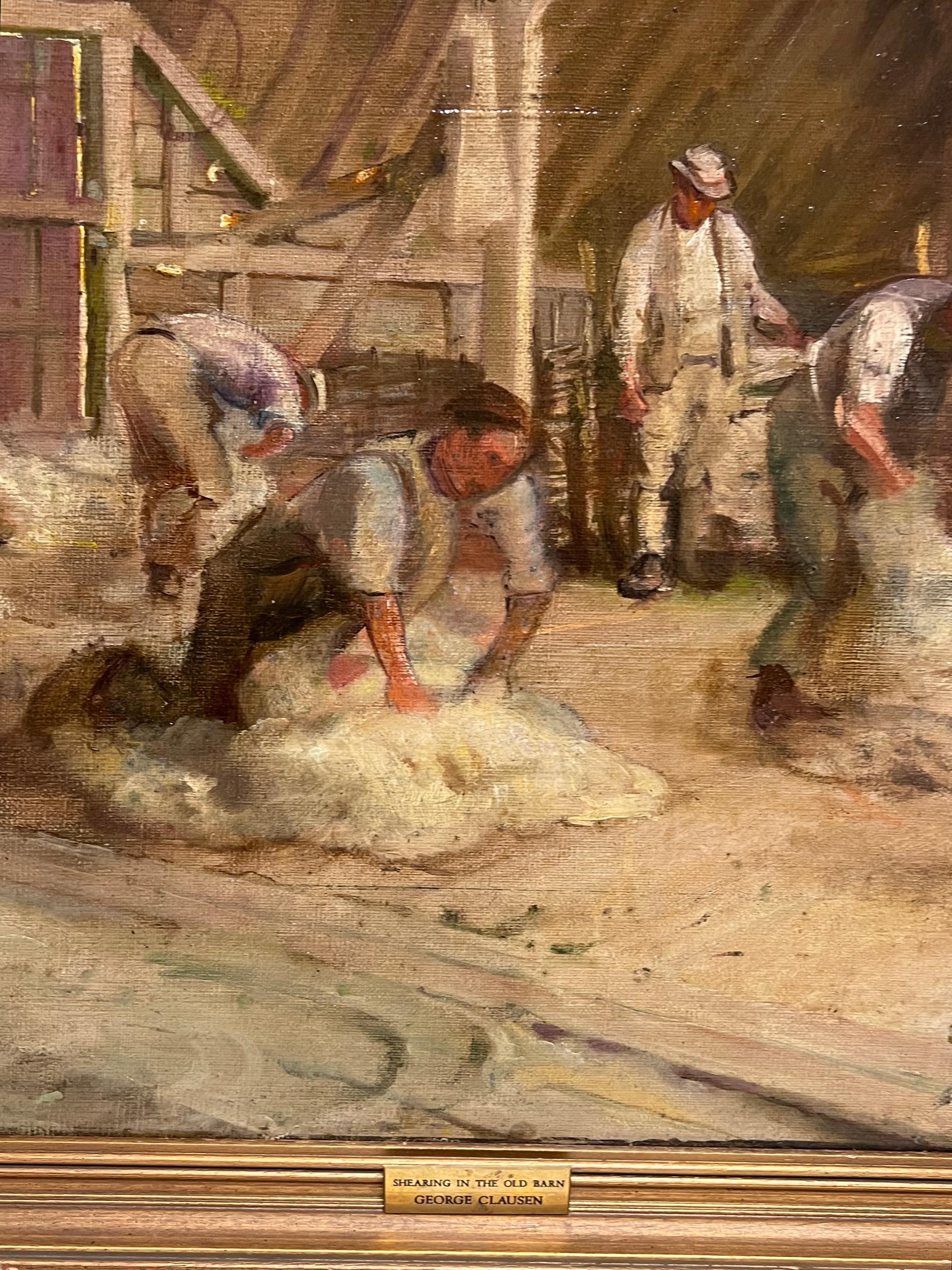 Ancienne peinture à l'huile impressionniste britannique Tonte des moutons dans la grange - Impressionnisme Painting par Sir George Clausen