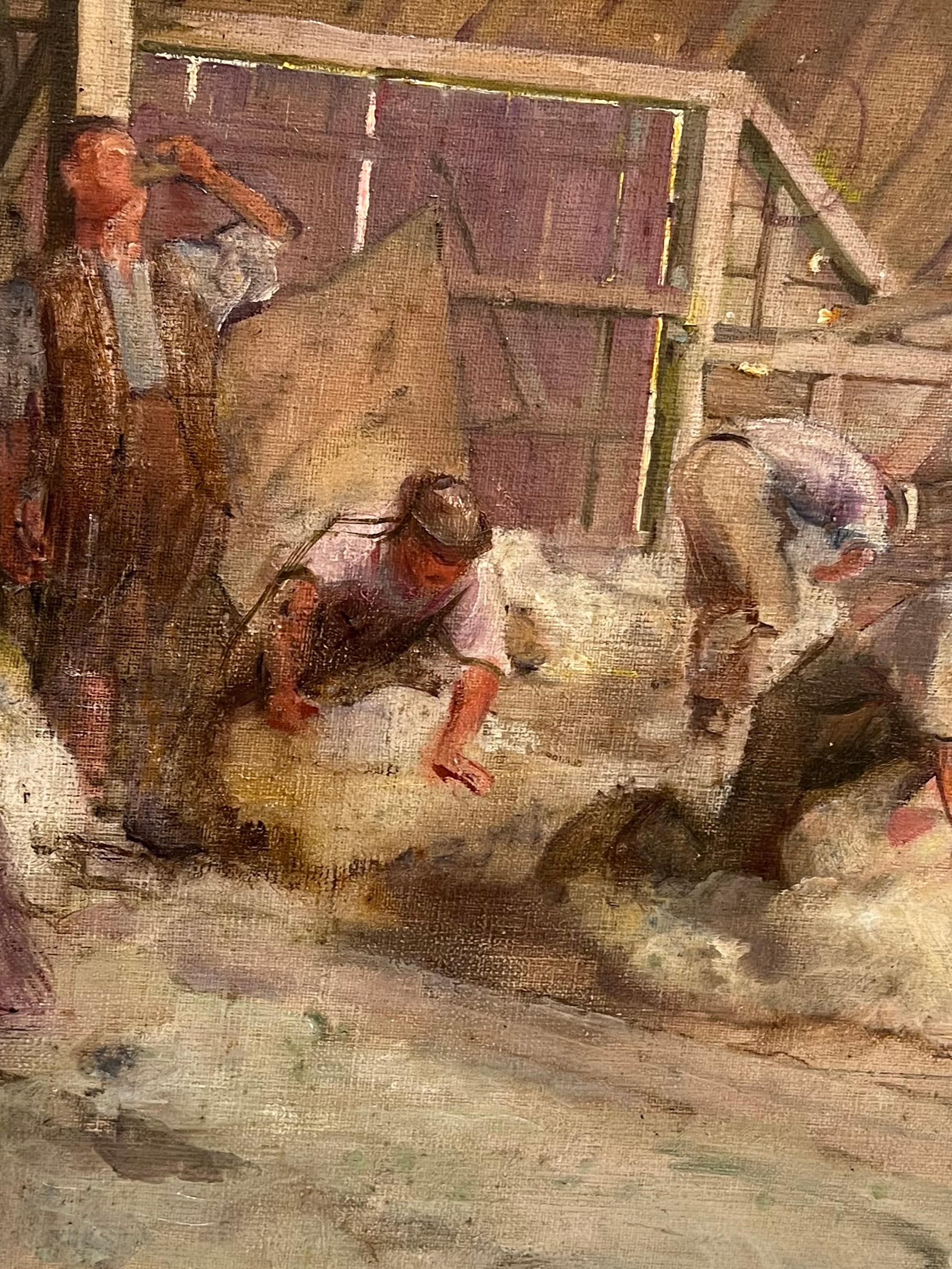 Ancienne peinture à l'huile impressionniste britannique Tonte des moutons dans la grange - Marron Figurative Painting par Sir George Clausen