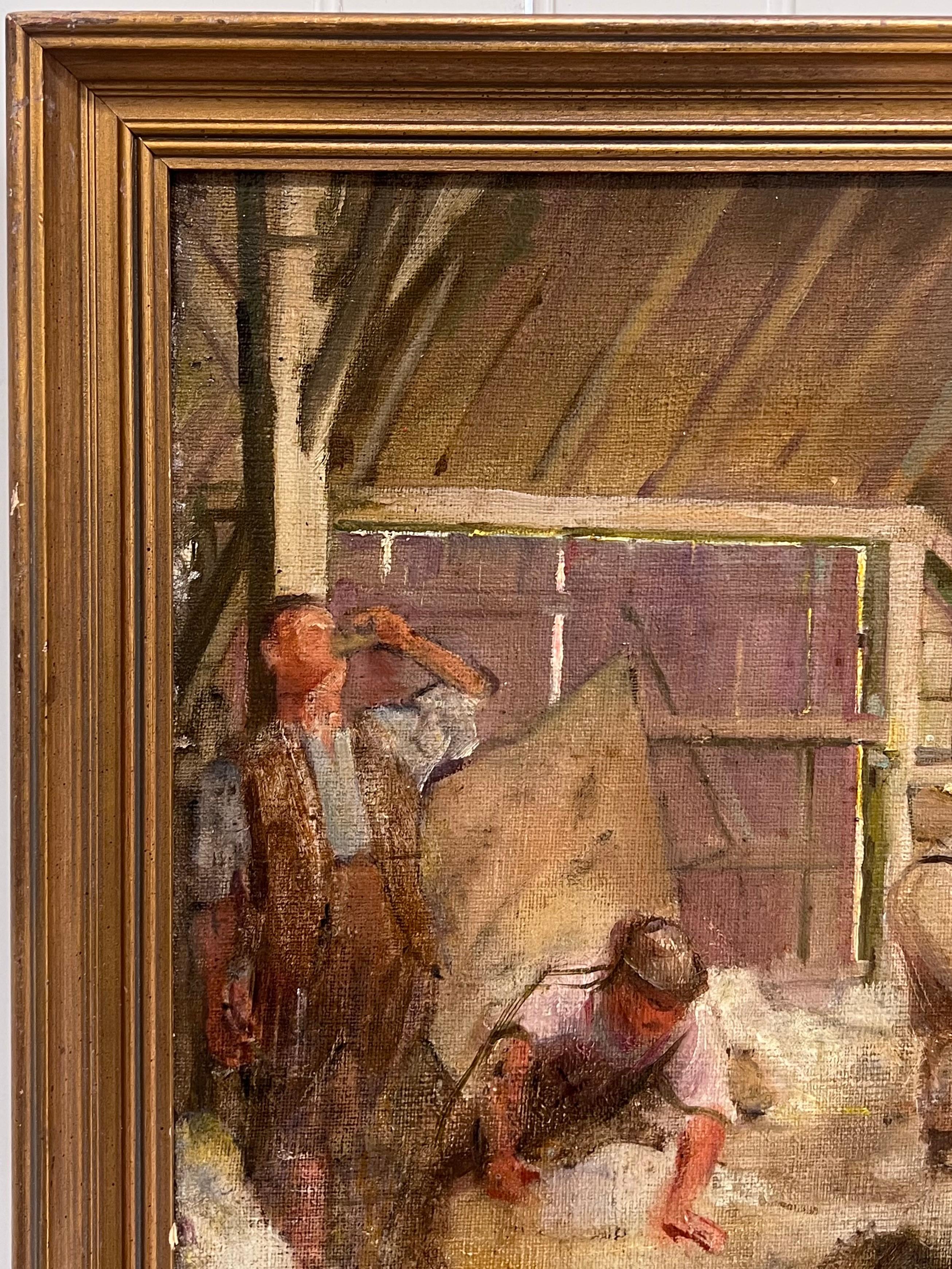 Tonte des moutons dans la vieille grange
École britannique, fin du XIXe siècle/début du XXe siècle
cercle de Sir George Clausen )1852-1944)
peinture à l'huile sur toile, encadrée
encadré : 33 x 24 pouces
toile : 22 x 30 pouces
état : très