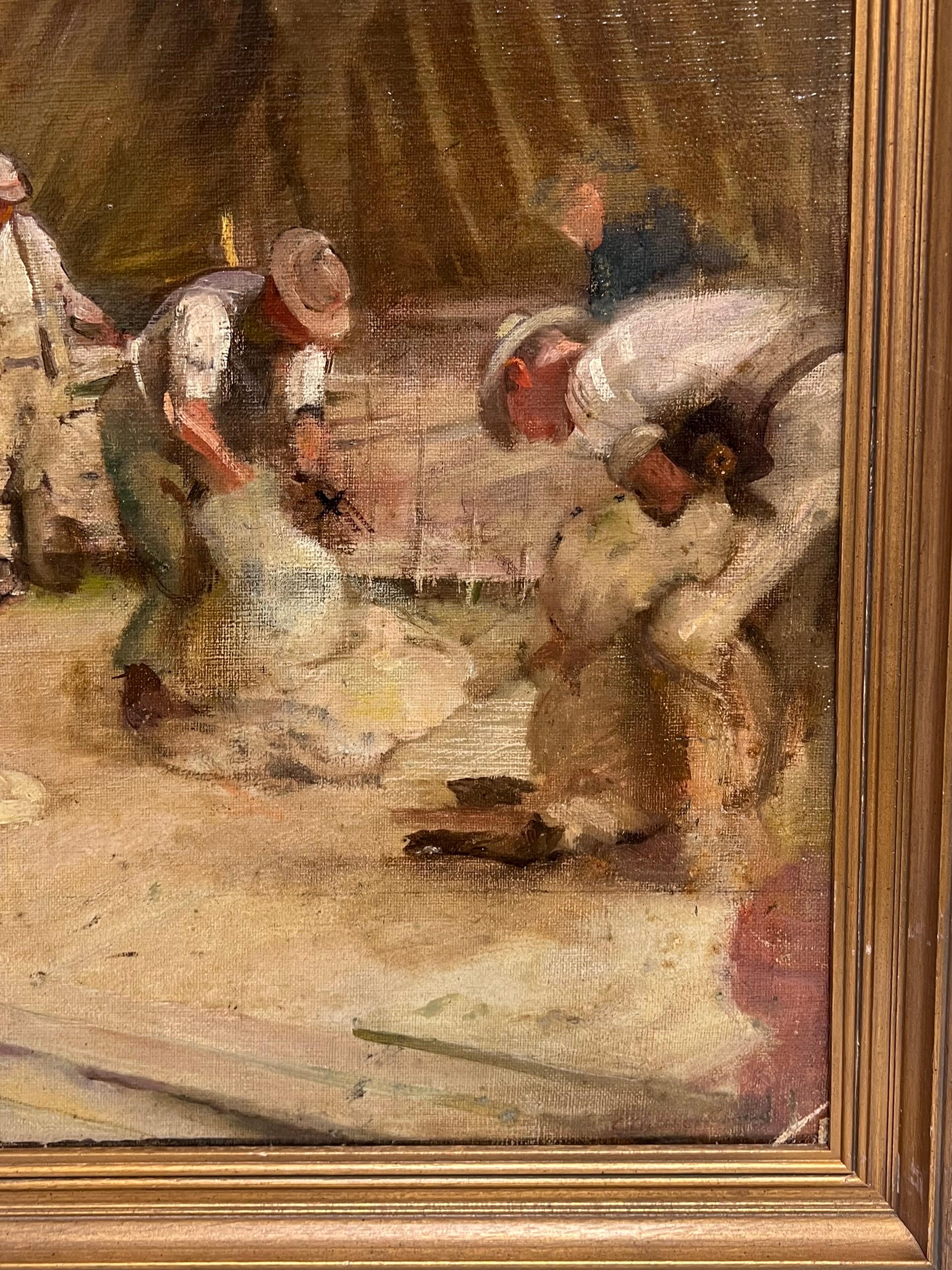 Ancienne peinture à l'huile impressionniste britannique Tonte des moutons dans la grange en vente 1