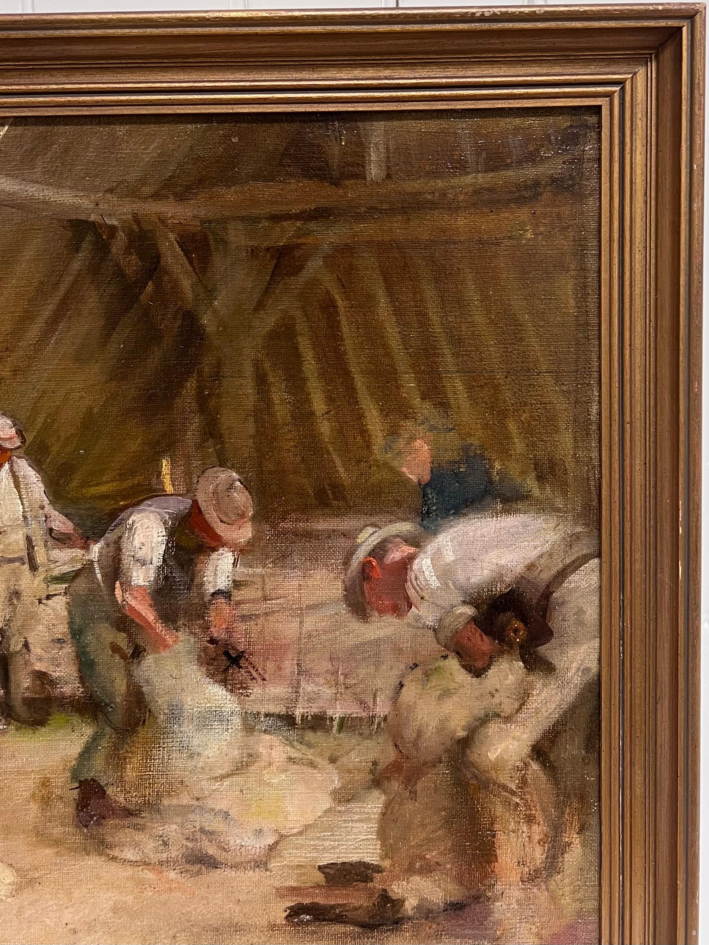 Ancienne peinture à l'huile impressionniste britannique Tonte des moutons dans la grange en vente 2