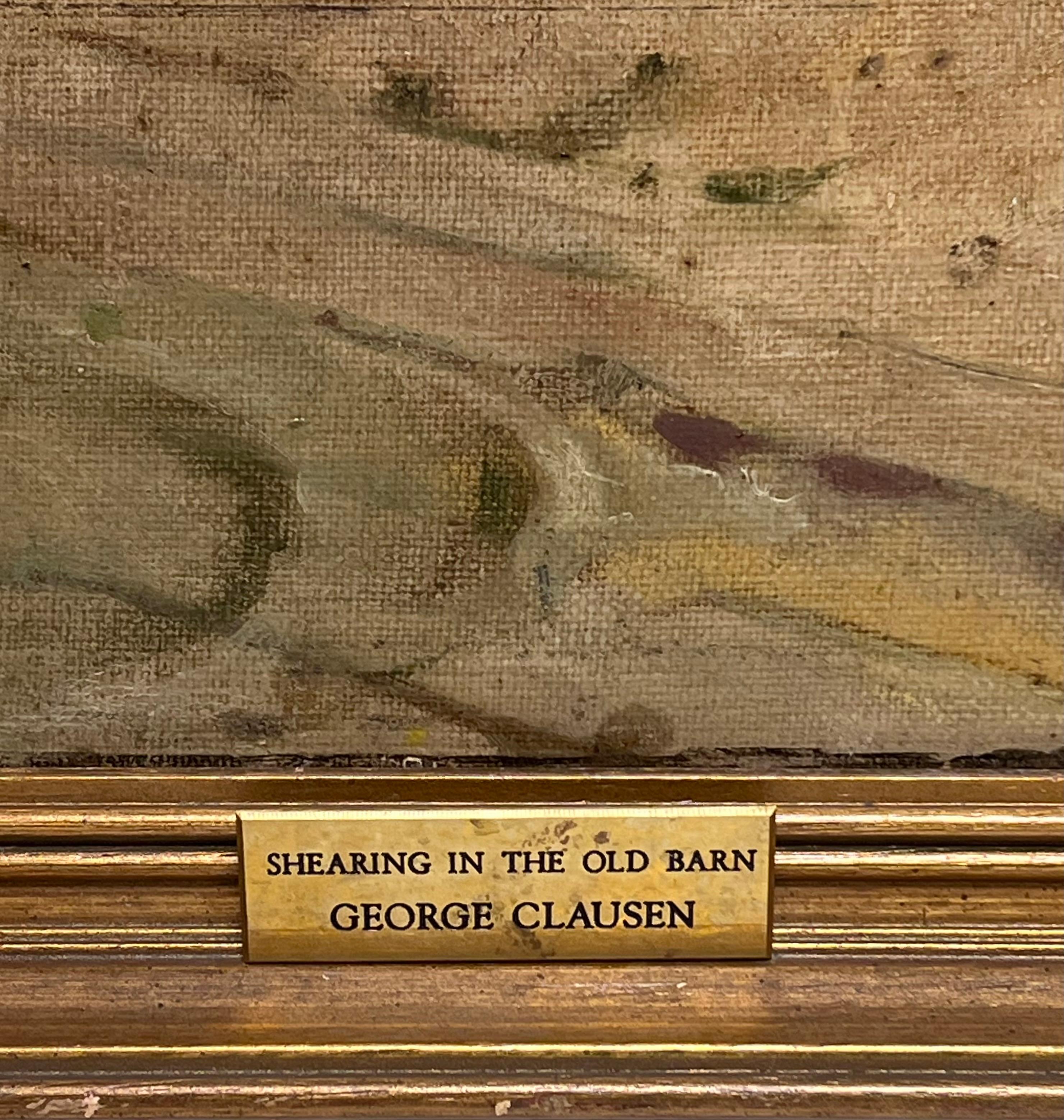 Ancienne peinture à l'huile impressionniste britannique Tonte des moutons dans la grange en vente 3
