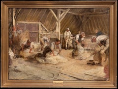 Antique British Impressionist Oil Painting Sheep Shearing in the Barn