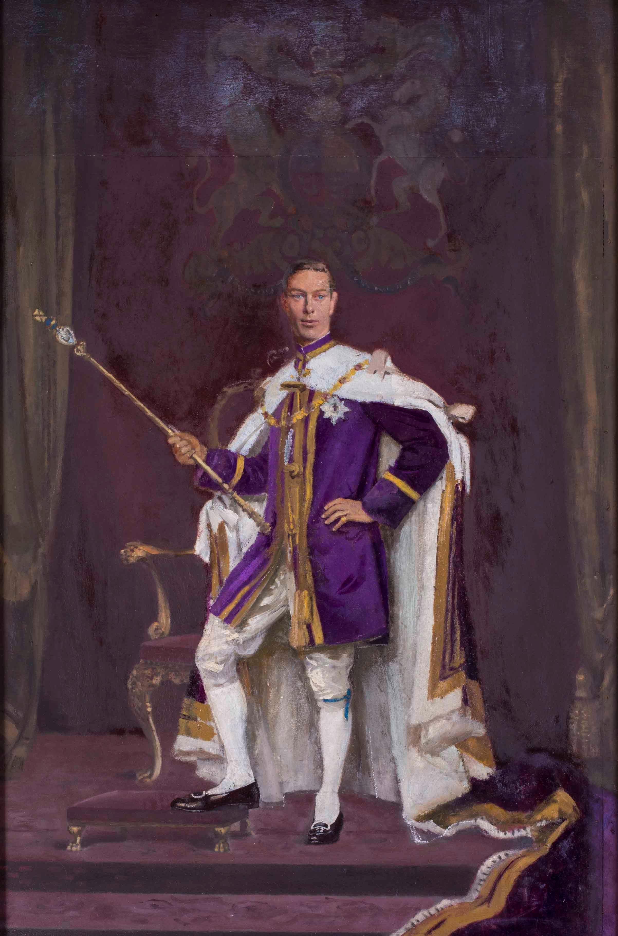 British, 20th Century portrait of King George VI in his robes before his throne - Painting by Sir Gerald Festus Kelly