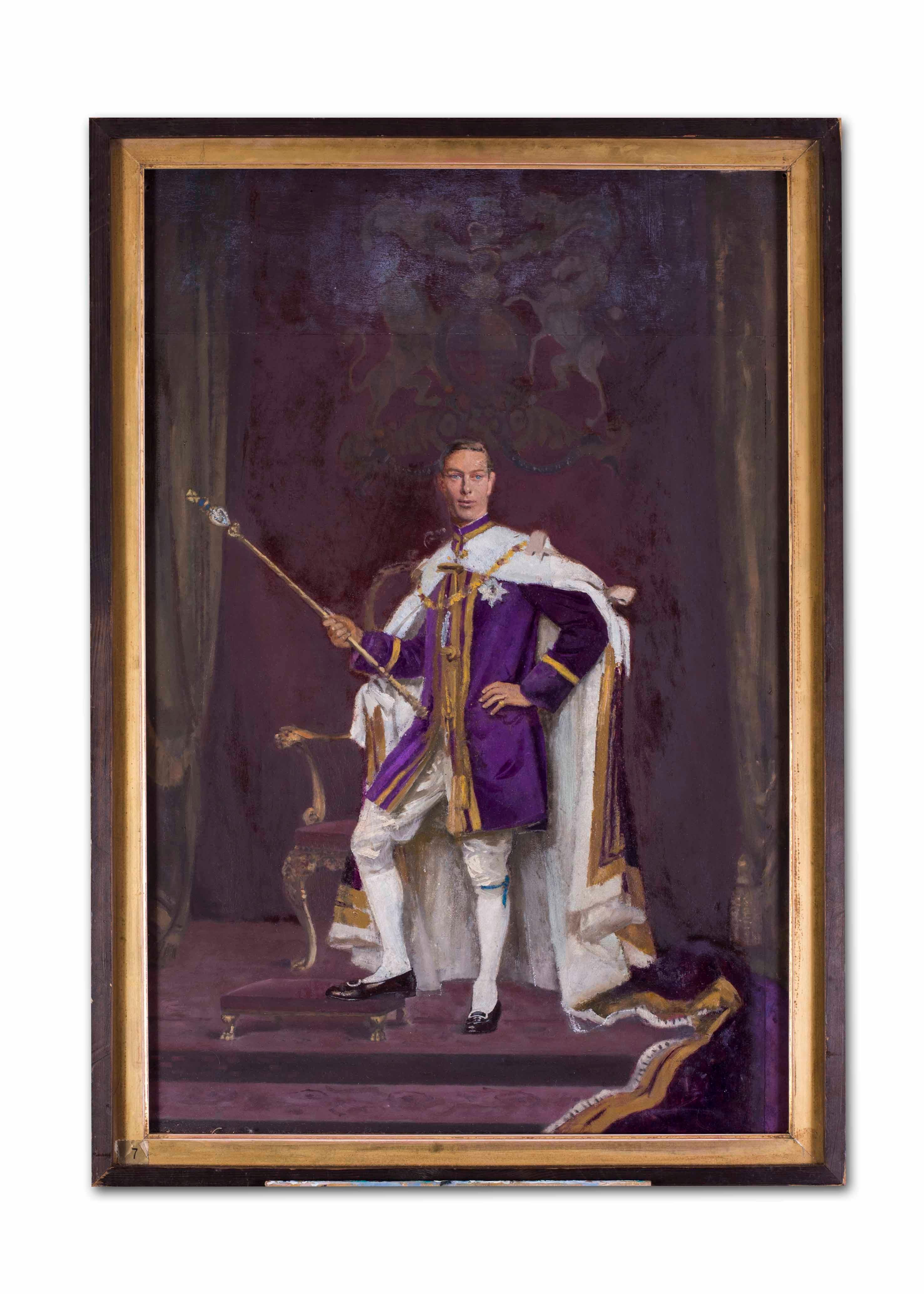 British, 20th Century portrait of King George VI in his robes before his throne - Black Portrait Painting by Sir Gerald Festus Kelly