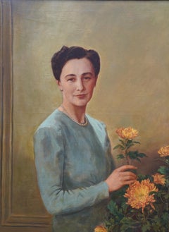 Portrait of a Lady Arranging Flowers - British 1940's art oil painting