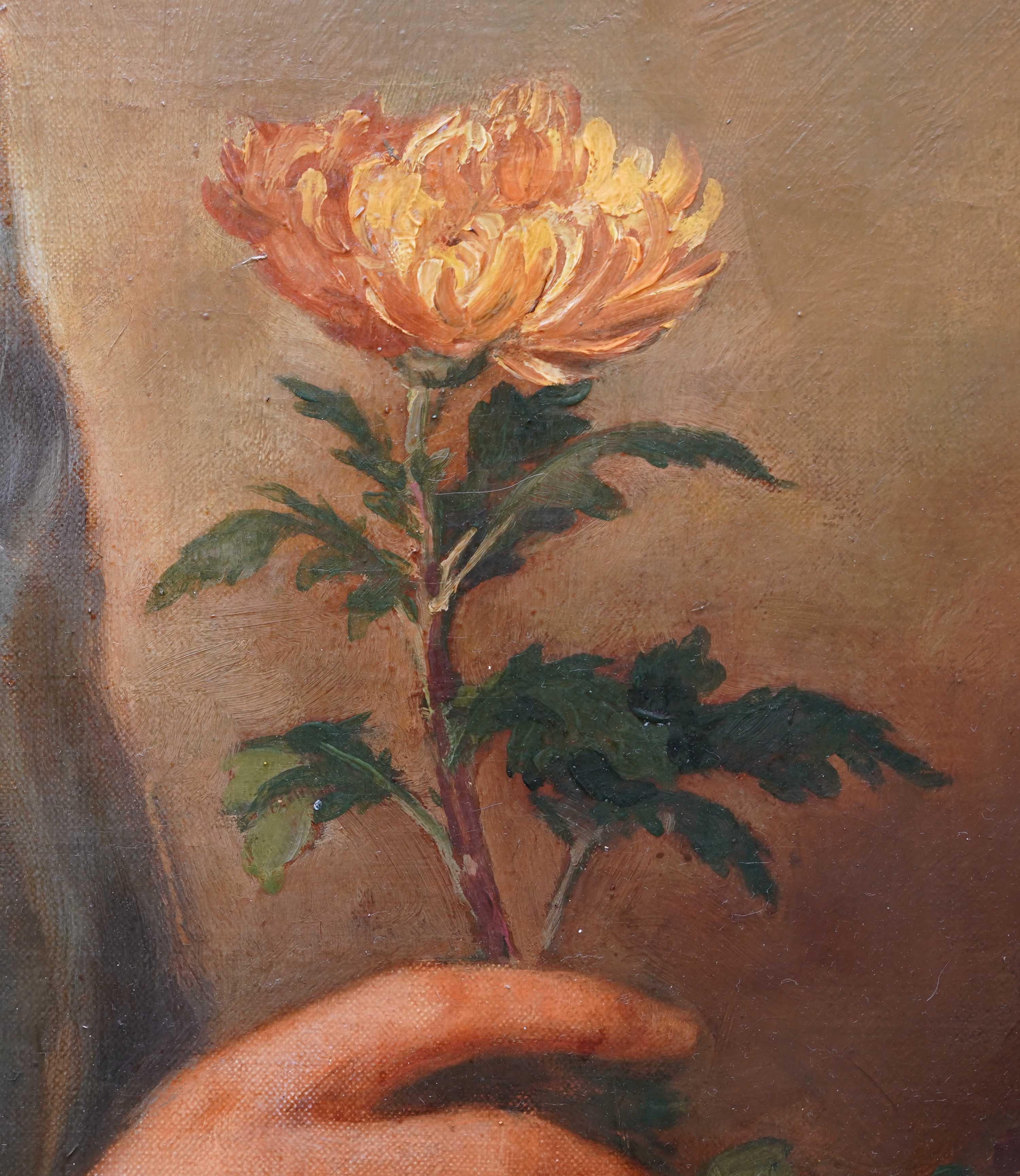 Portrait of a Lady Arranging Flowers - British 1940's art oil painting For Sale 2