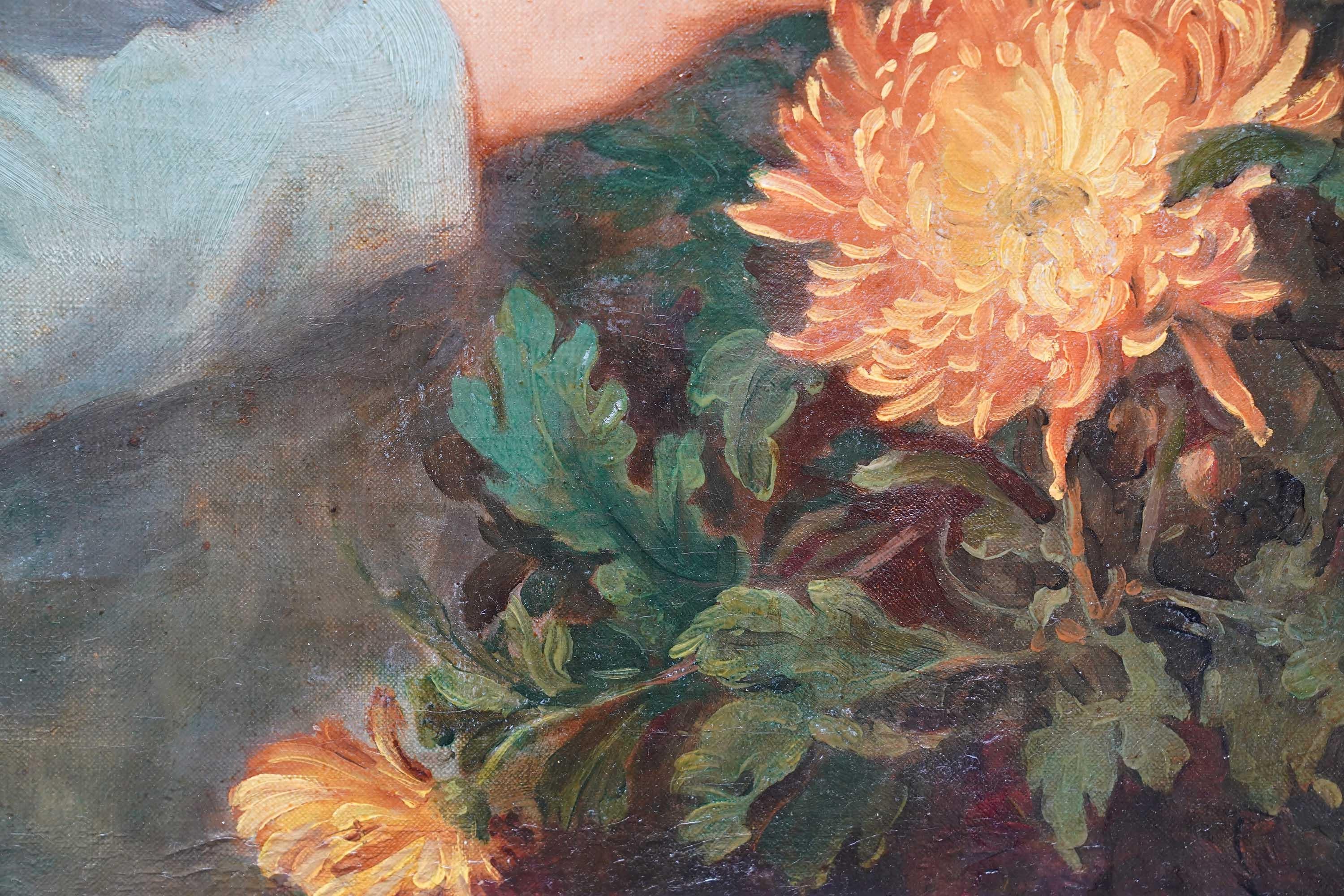 Portrait of a Lady Arranging Flowers - British 1940's art oil painting For Sale 3
