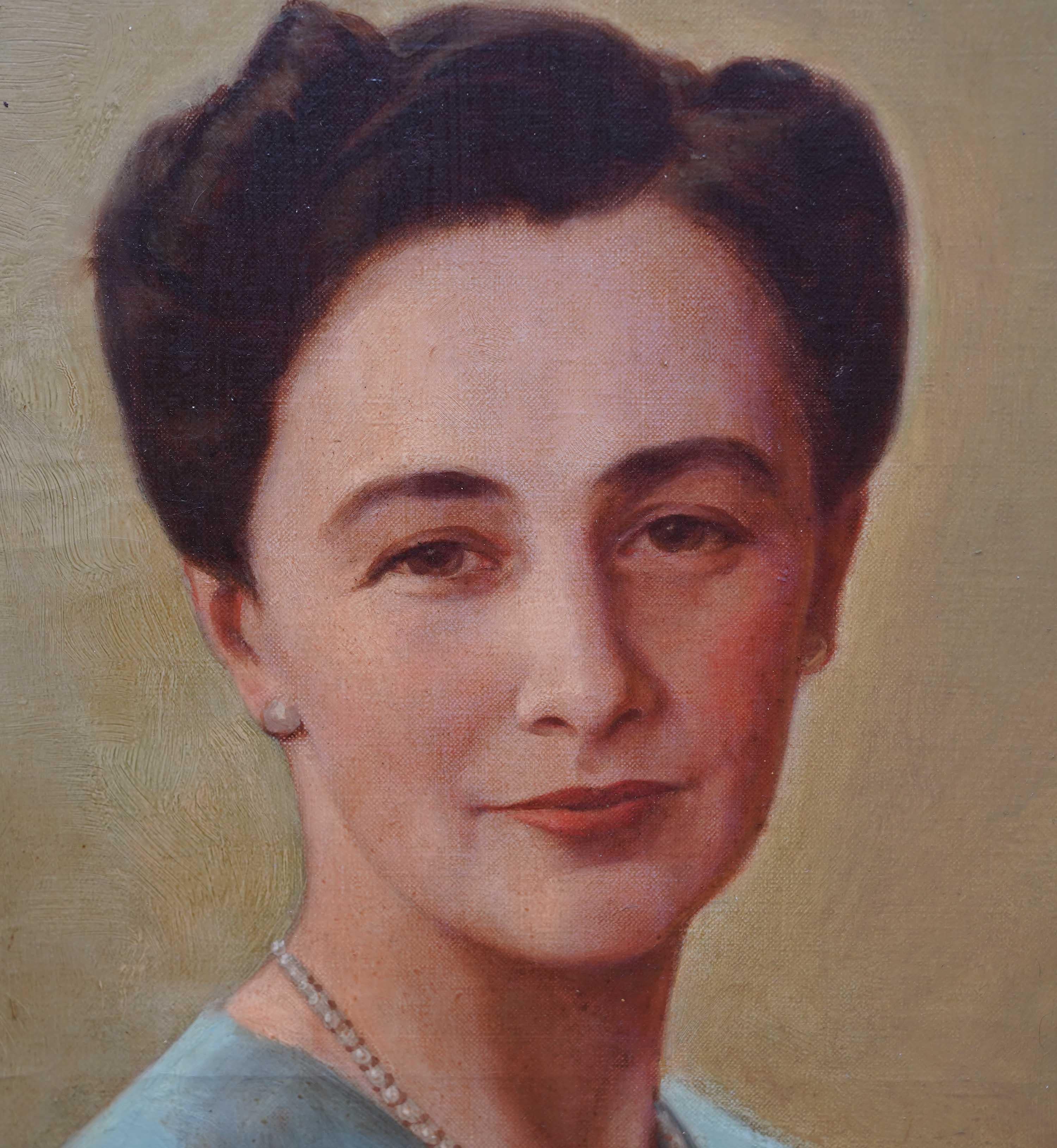 Portrait of a Lady Arranging Flowers - British 1940's art oil painting For Sale 5