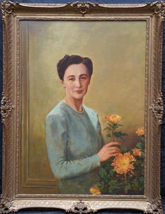 Portrait of a Lady Arranging Flowers - British 1940's art oil painting