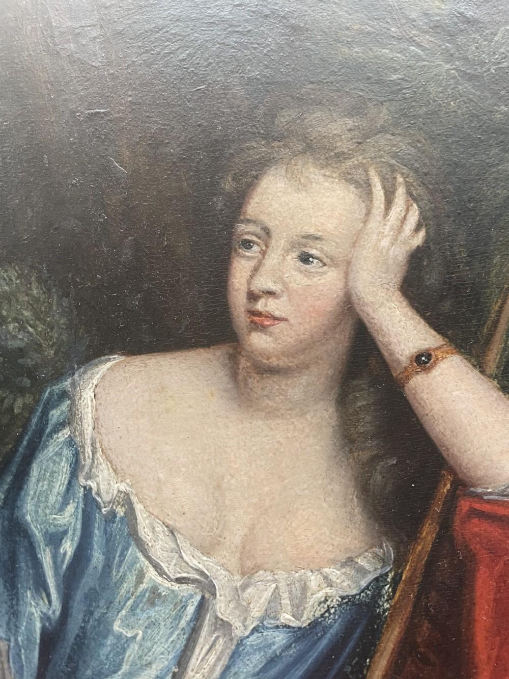 Circle of Sir Godfrey Kneller, Mrs Voss, and Catherine Kneller, oil on paper laid to wood panel
Overview
This exceptional Baroque portrait artwork, the circle of Sir Godfrey Kneller, is an oil on canvas painting from the early 18th century. The