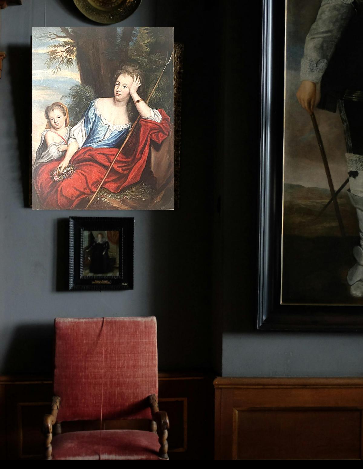Painted 17th century portrait of  Mrs Voss and Catherine Kneller oil canvas For Sale