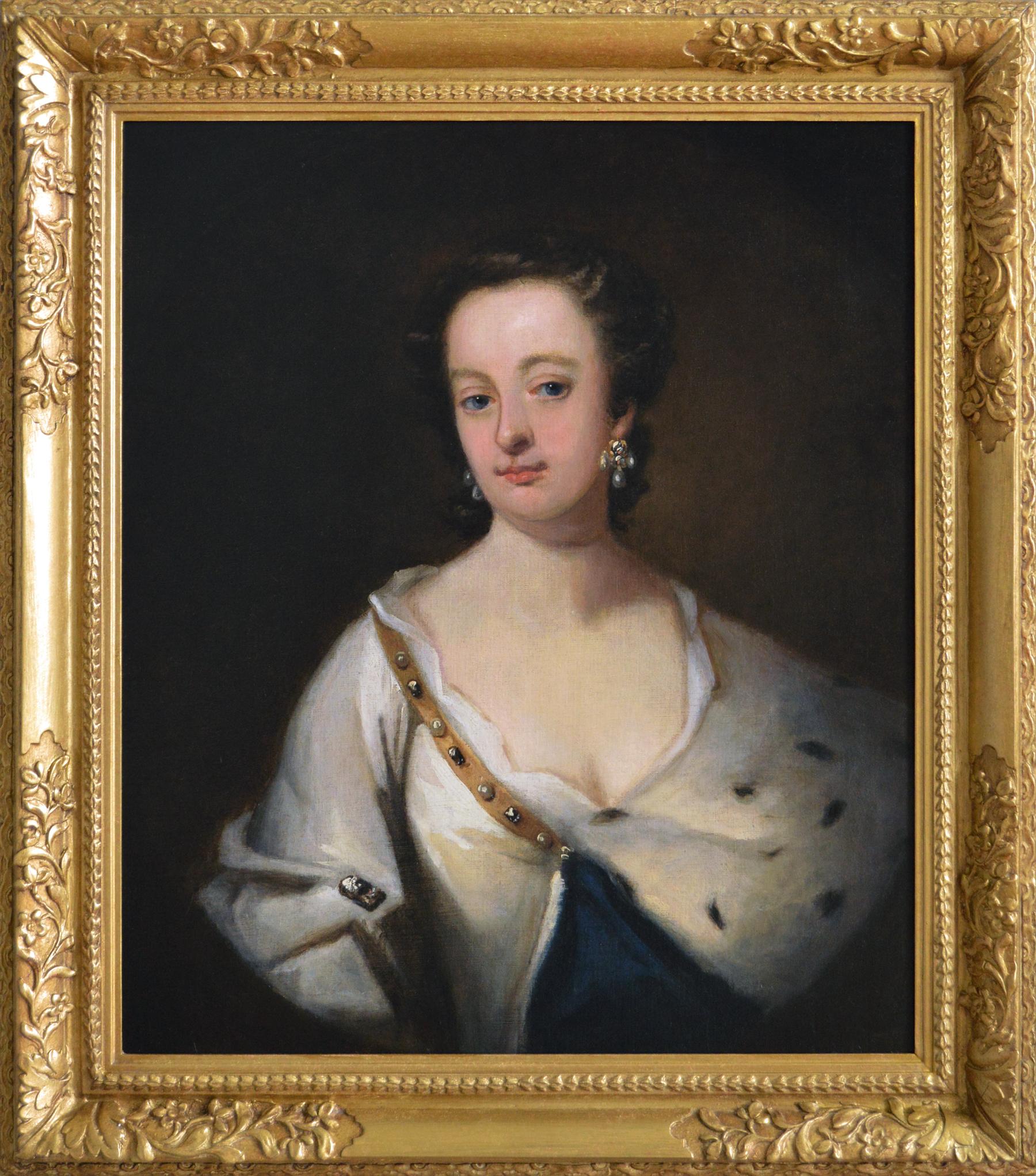 Portrait Painting Sir Godfrey Kneller - Portrait à l'huile du XVIIIe siècle représentant une dame dans un crémaillère garnie d'hermine