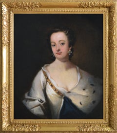 18th Century portrait oil painting of a lady in an ermine trimmed cloak