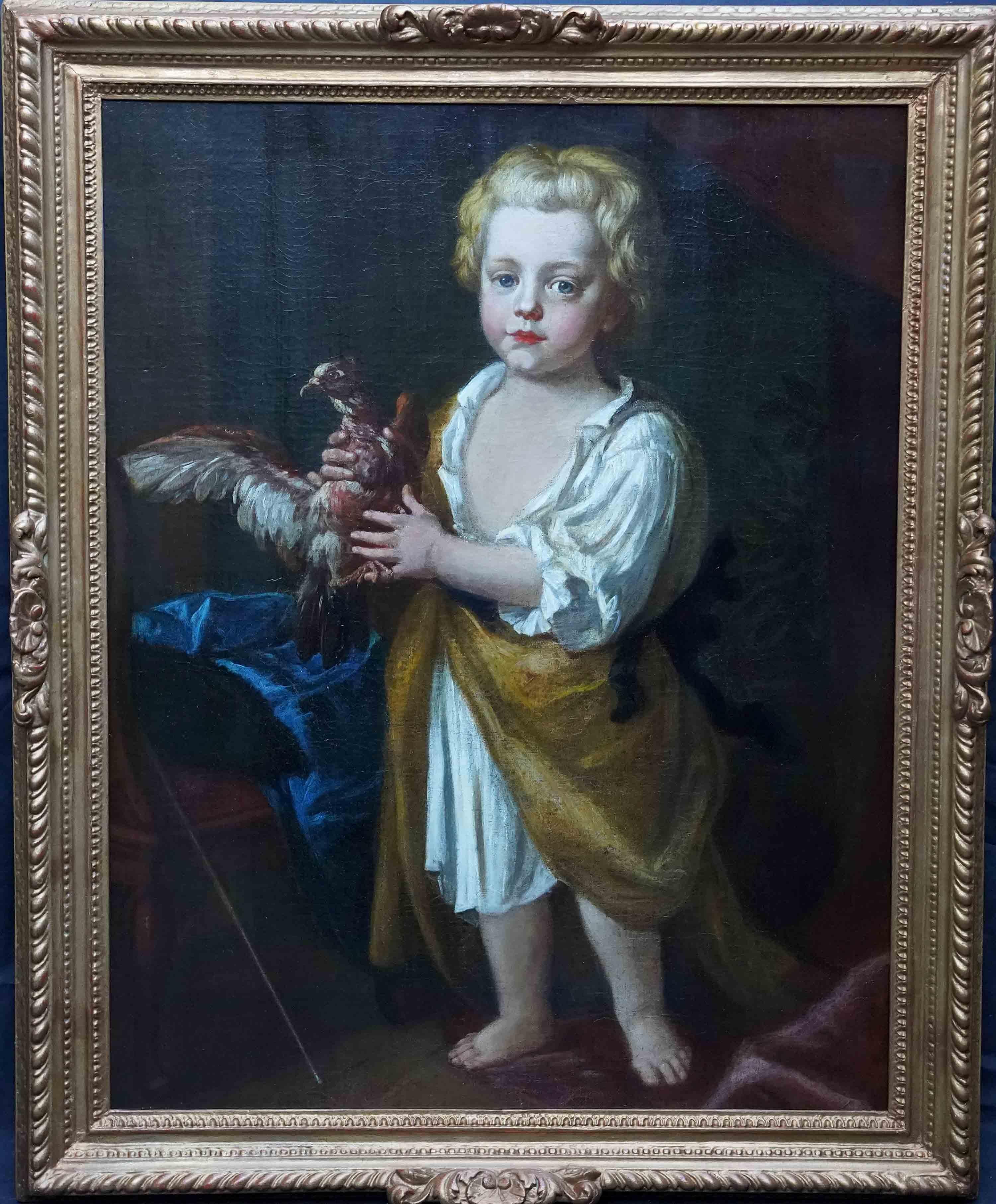Portrait of a Boy with Bird - British 17thC  Old Master art oil painting For Sale 7